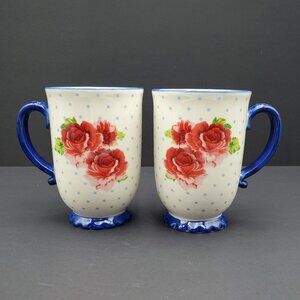 Pioneer Woman Heritage Floral Mugs Red Roses Flowers Footed Mugs